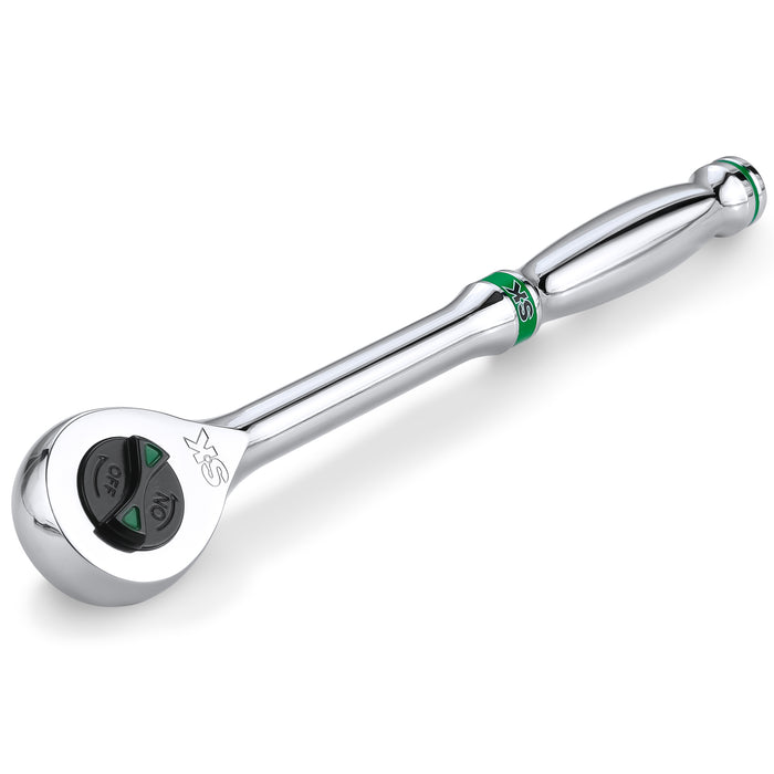 Silver ratchet wrench on a white background
