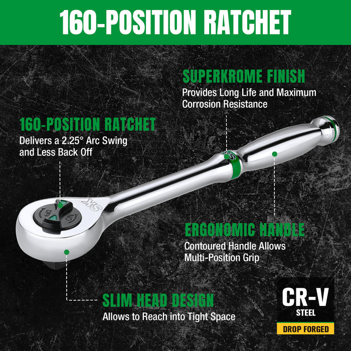160-position ratchet tool with features highlighted on a dark background
