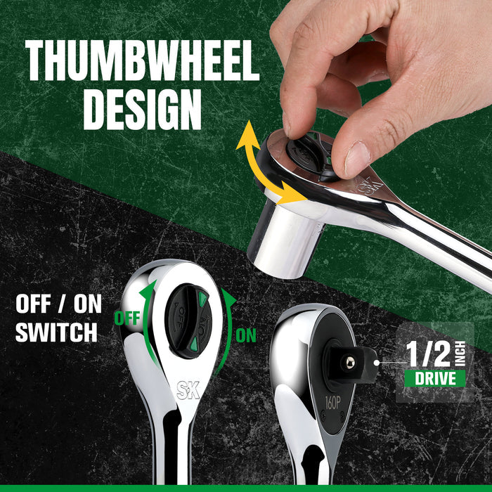 Hand using a ratchet wrench with thumbwheel design, labeled features on a green and black background.