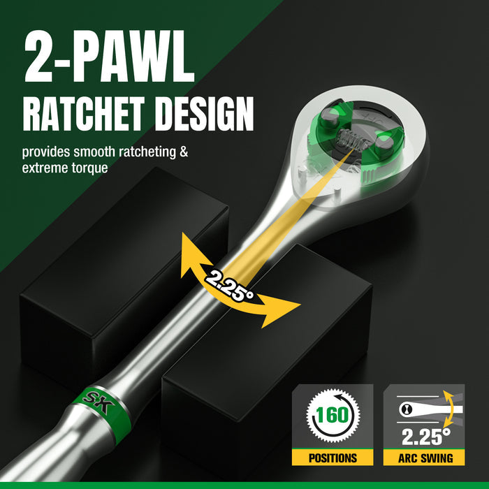Ratchet wrench with 2-pawl design on a black background