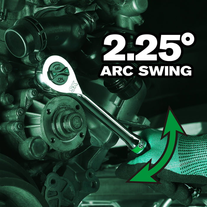 Wrench on mechanical parts with '2.25° Arc Swing' text and green arrow.
