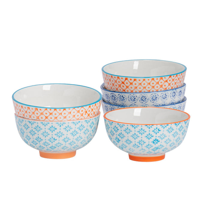 12cm Hand-Printed Stoneware Rice Bowls - 3-Colour Assortment - Pack of 6