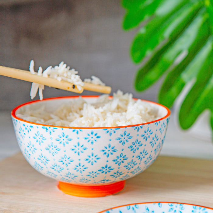 12cm Hand-Printed Stoneware Rice Bowls - 3-Colour Assortment - Pack of 6