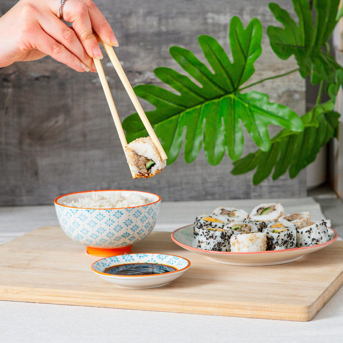 12cm Hand-Printed Stoneware Rice Bowls - 3-Colour Assortment - Pack of 6