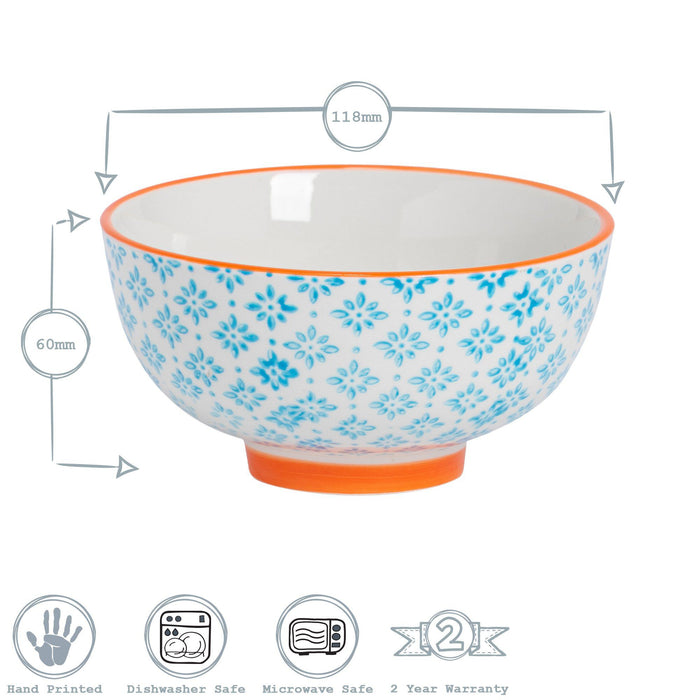 12cm Hand-Printed Stoneware Rice Bowls - 3-Colour Assortment - Pack of 6