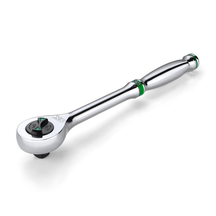 Chrome ratchet wrench on a white background