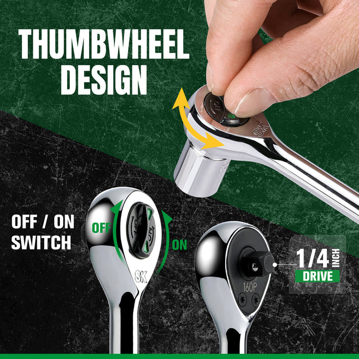 Ratchet wrench with thumbwheel design and switch, on a green and black background.