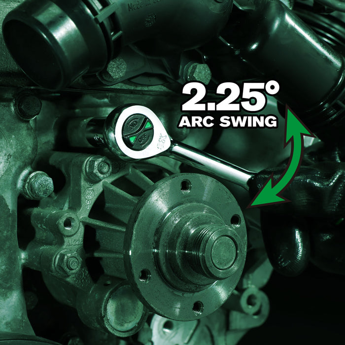 Close-up of mechanical components with a tool indicating 2.25° arc swing on a green-themed background.