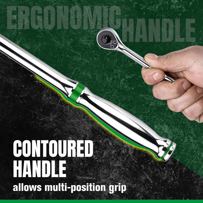 Mechanic's ratchet handle with contoured handle design on a textured green and black background.