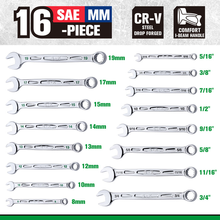 SK01368 - 16 Piece, 12 Point, SAE & Metric Chrome Combination Wrench Set