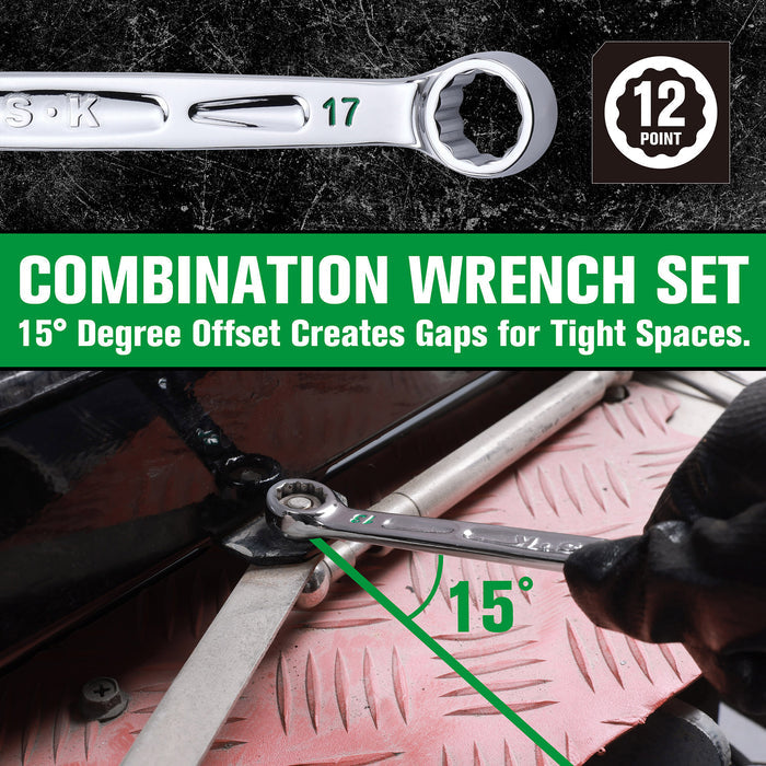 SK01368 - 16 Piece, 12 Point, SAE & Metric Chrome Combination Wrench Set View 4
