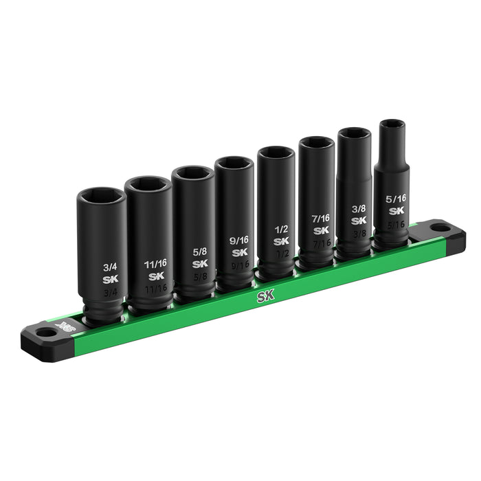 3/8" Drive, 8 Piece, 6 Point, Deep SAE Impact Socket Set by SK Tools USA, LLC in black deep 6-point