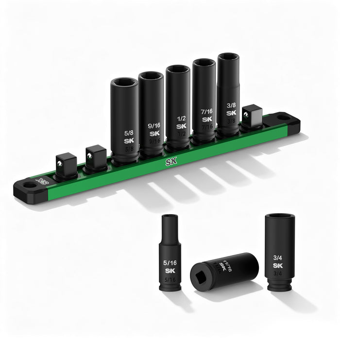 3/8" Drive, 8 Piece, 6 Point, Deep SAE Impact Socket Set, #SK01350 SK Tools USA deep impact sockets in black with 6-point heads.