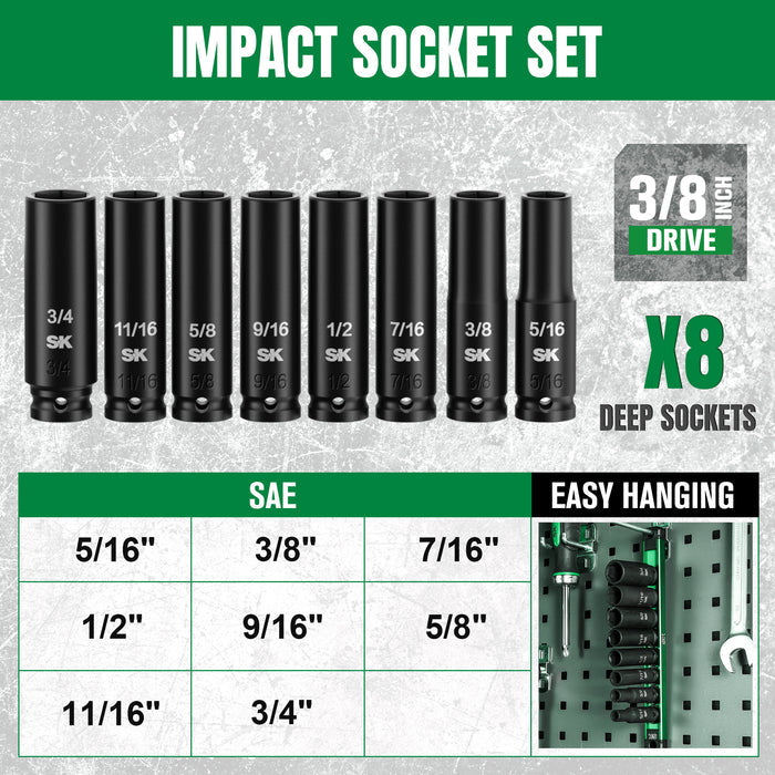 3/8" Drive, 8 Piece, 6 Point, Deep SAE Impact Socket Set by SK Tools USA, LLC black 6-point sockets