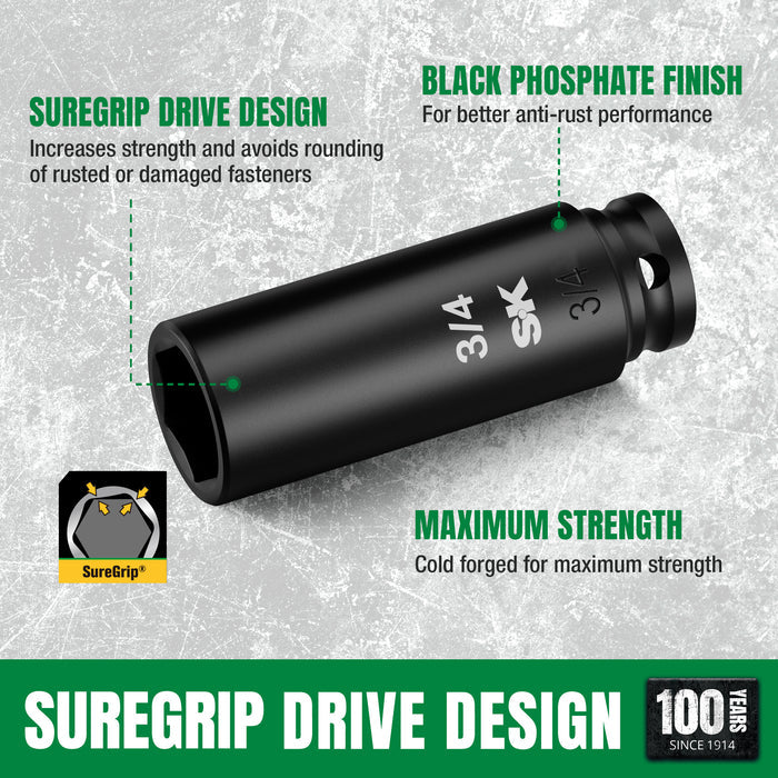 3/8" Drive, 8 Piece, 6 Point, Deep SAE Impact Socket Set #SK01350 by SK Tools USA, LLC deep SAE impact socket set black 6-point.