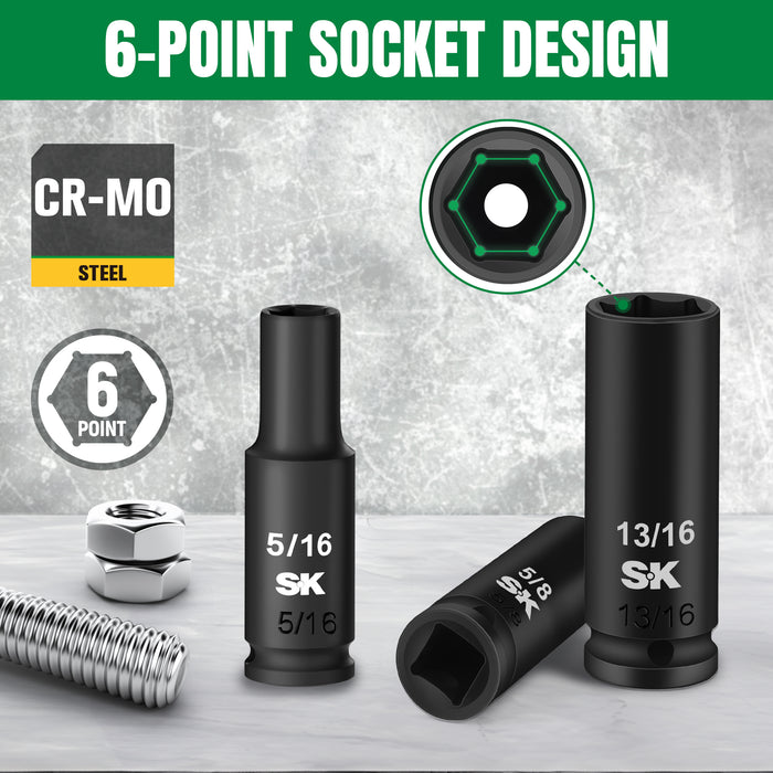3/8" Drive Deep 6-Point SAE Impact Socket Set #SK01350 by SK Tools USA, LLC, black CR-MO steel 6-point sockets