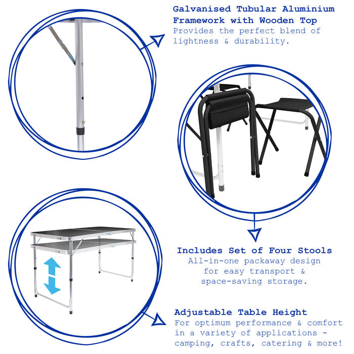 5 Piece Height Adjustable Black Folding Picnic Table & Chairs Set
