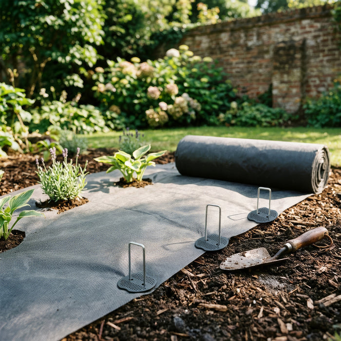 50gsm Weed Control Fabric with Pegs & Plates - 5m x 10m Total (5 Rolls)