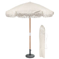 Beige Striped 1.4m Wooden Garden Parasol with Tassel Fringe & Base