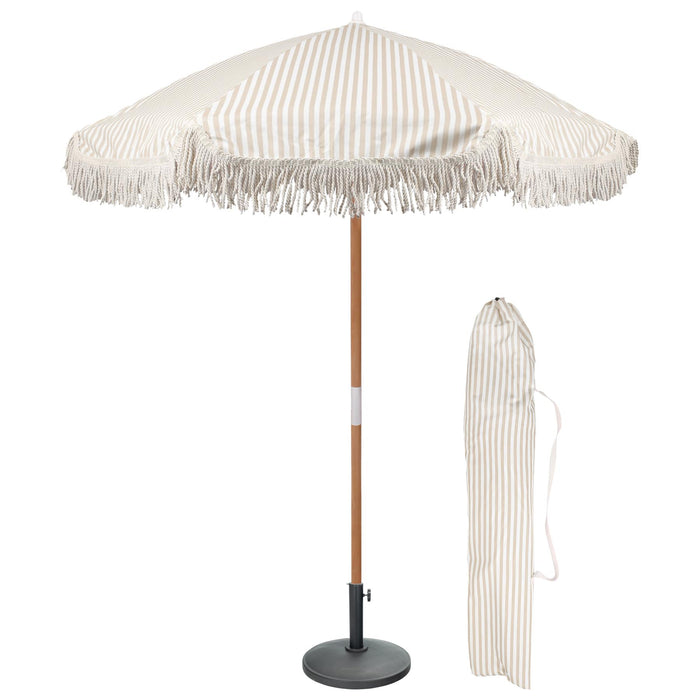 Beige Striped 1.4m Wooden Garden Parasol with Tassel Fringe & Base