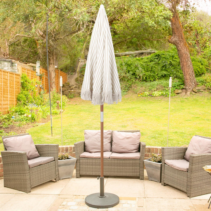 Beige Striped 1.4m Wooden Garden Parasol with Tassel Fringe & Base