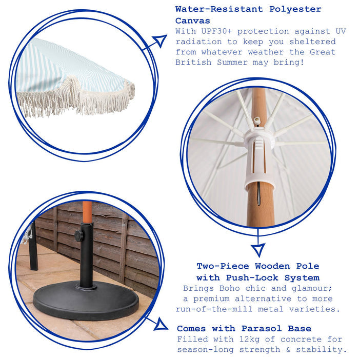 Beige Striped 1.4m Wooden Garden Parasol with Tassel Fringe & Base