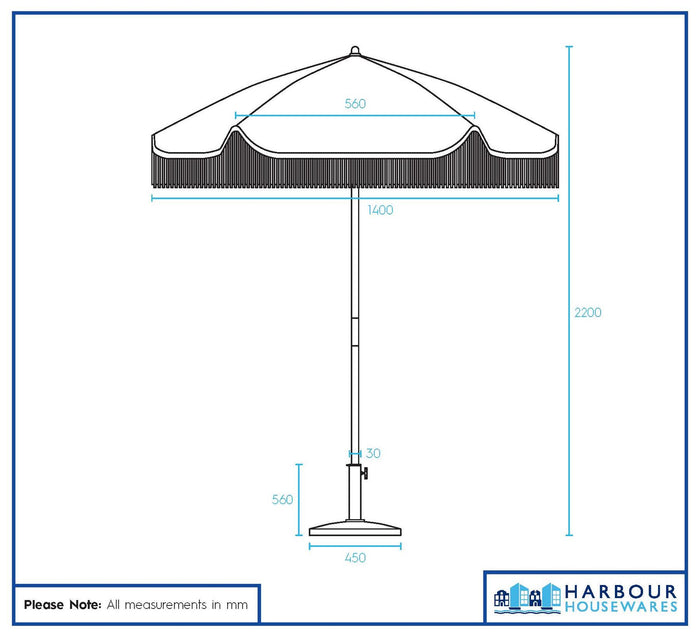 Beige Striped 1.4m Wooden Garden Parasol with Tassel Fringe & Base