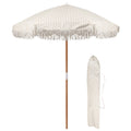 Beige Striped 1.4m Wooden Garden Parasol with Tassel Fringe