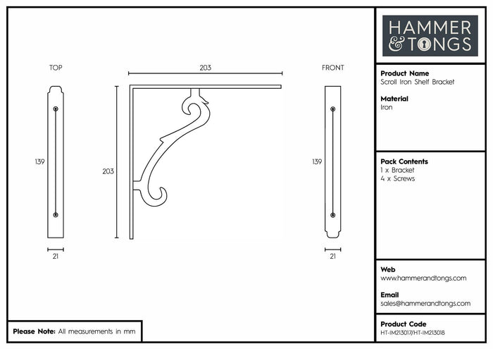 Black 205mm Scroll Iron Shelf Bracket