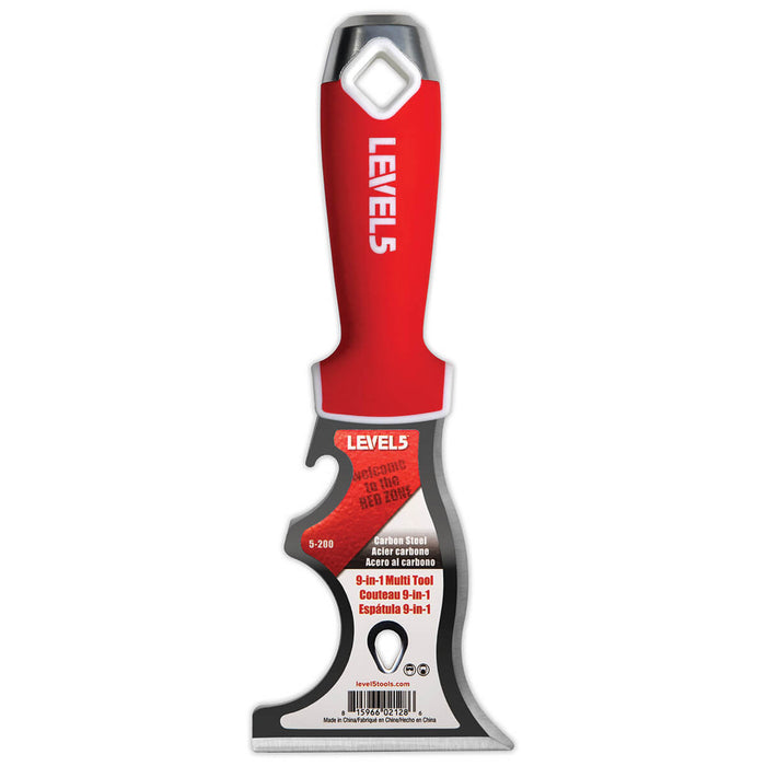 9-in-1 Multi Tool Level 5 Carbon Steel Specialized Putty Knife with carbon steel blade, red soft-grip handle, metal hammer end, and hang hole