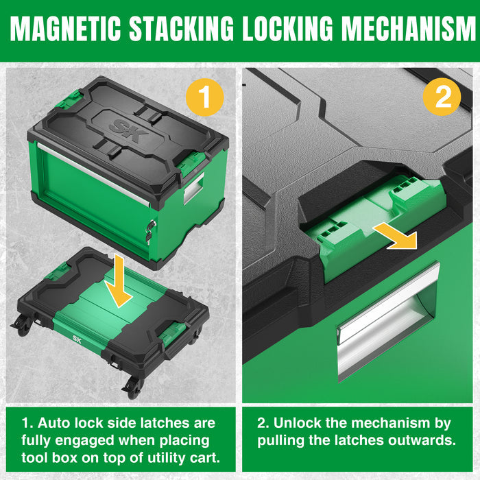 Modular Stackable Storage Toolbox by SK Tools USA in green with magnetic stacking locking mechanism for secure stacking