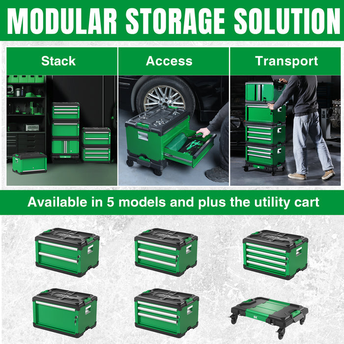 Modular stackable storage toolbox by SK Tools USA in green with multiple compartments for organization and transport.