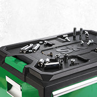 Modular Stackable Storage Toolbox by SK Tools USA in green with a durable black lid for organizing tools and accessories
