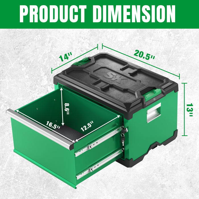 Green SK Tools USA Modular Stackable Storage Toolbox with two drawers and precise dimensions for efficient organization