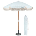 Pastel Blue Striped 1.4m Wooden Garden Parasol with Tassel Fringe & Base