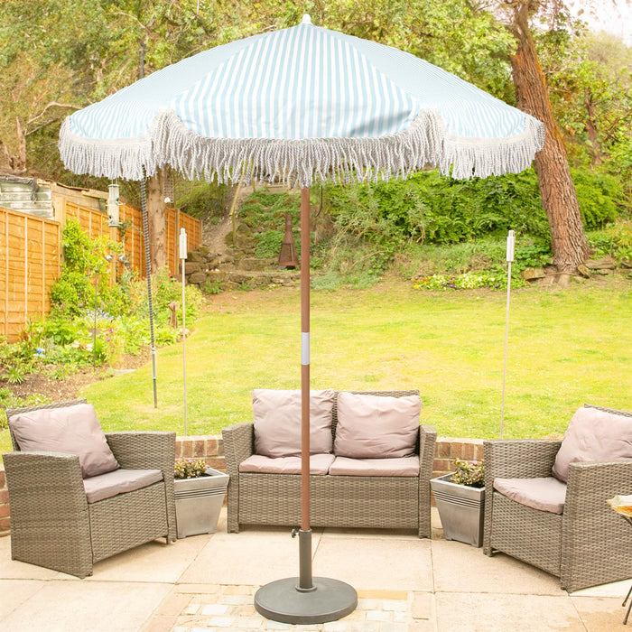 Pastel Blue Striped 1.4m Wooden Garden Parasol with Tassel Fringe & Base