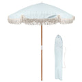 Pastel Blue Striped 1.4m Wooden Garden Parasol with Tassel Fringe