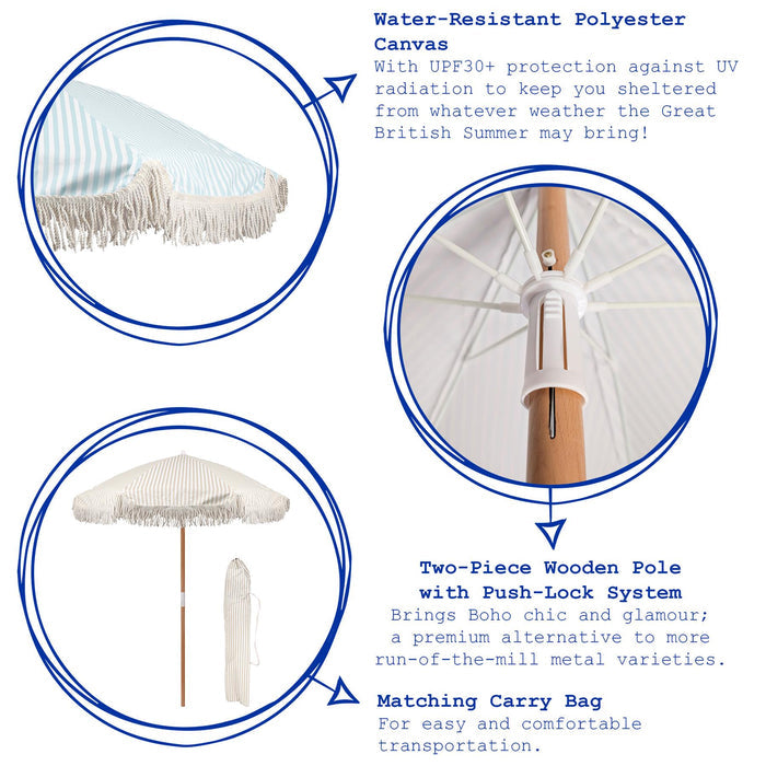 Pastel Blue Striped 1.4m Wooden Garden Parasol with Tassel Fringe