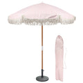 Pastel Pink Striped 1.4m Wooden Garden Parasol with Tassel Fringe & Base