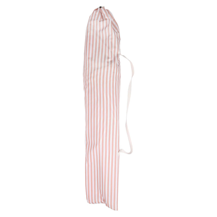 Pastel Pink Striped 1.4m Wooden Garden Parasol with Tassel Fringe & Base