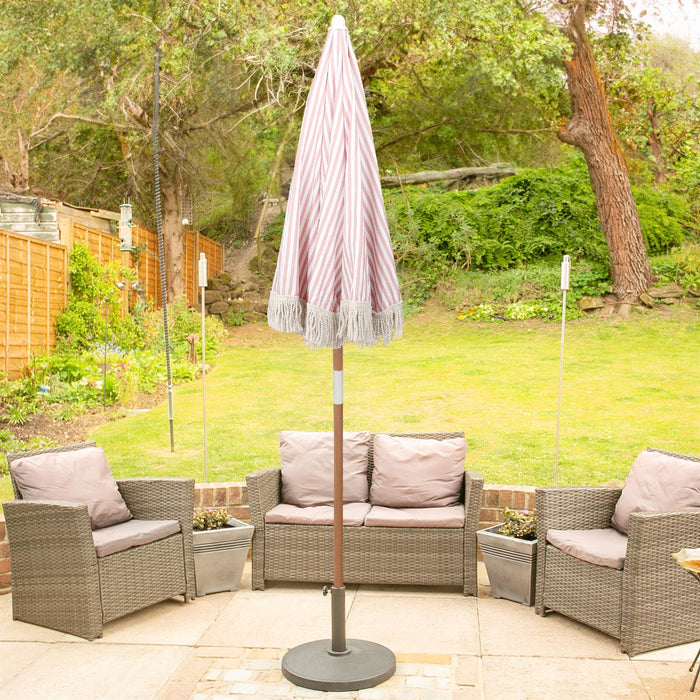 Pastel Pink Striped 1.4m Wooden Garden Parasol with Tassel Fringe