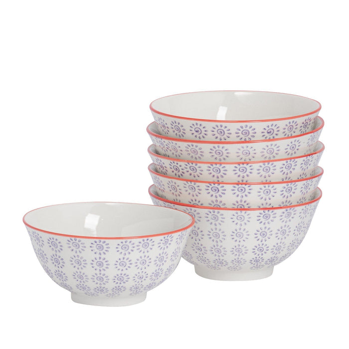 Purple 16cm Hand-Printed Stoneware Cereal Bowls - Pack of 6
