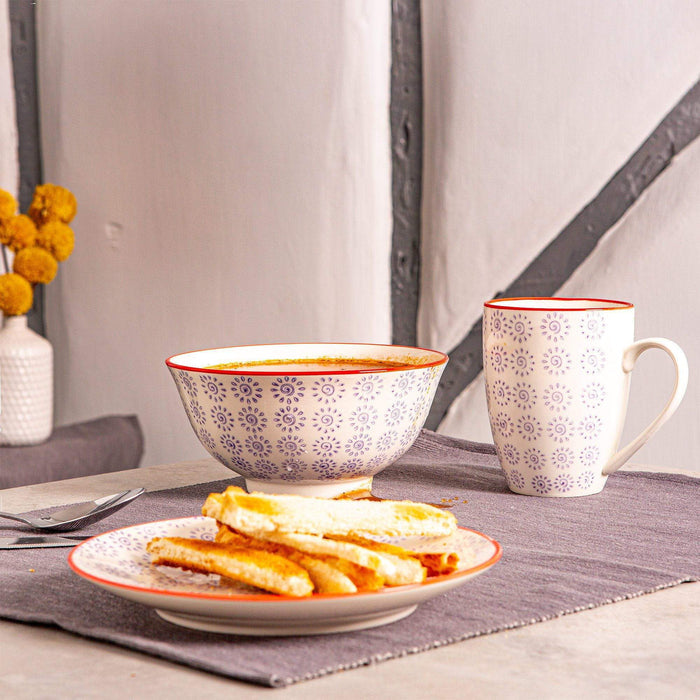 Purple 16cm Hand-Printed Stoneware Cereal Bowls - Pack of 6