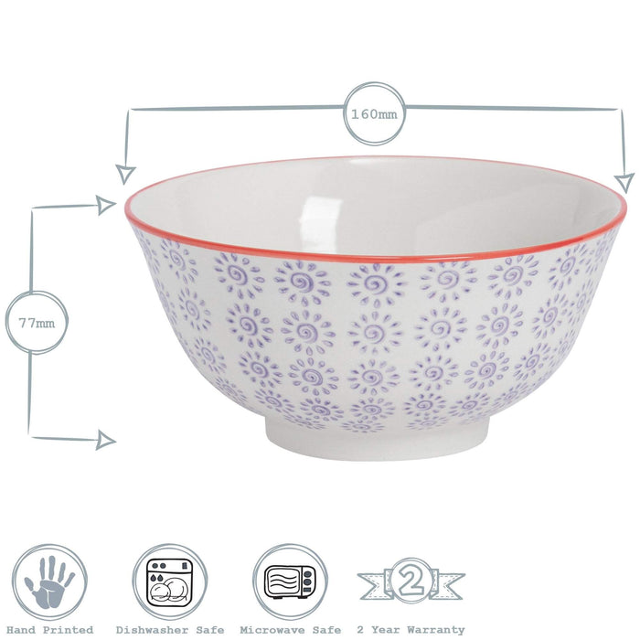 Purple 16cm Hand-Printed Stoneware Cereal Bowls - Pack of 6