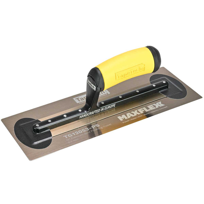 14-inch TapeTech Gold Stainless Steel MAXFLEXX Finishing Trowel with flexible blade and yellow ergonomic handle