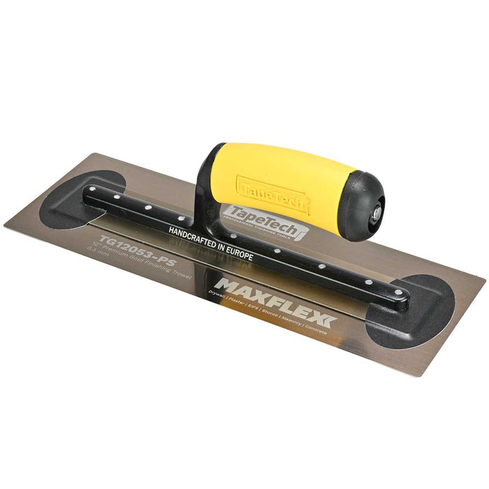 12-inch TapeTech Gold Stainless Steel MAXFLEXX Finishing Trowel with flexible blade and yellow ergonomic handle, right side