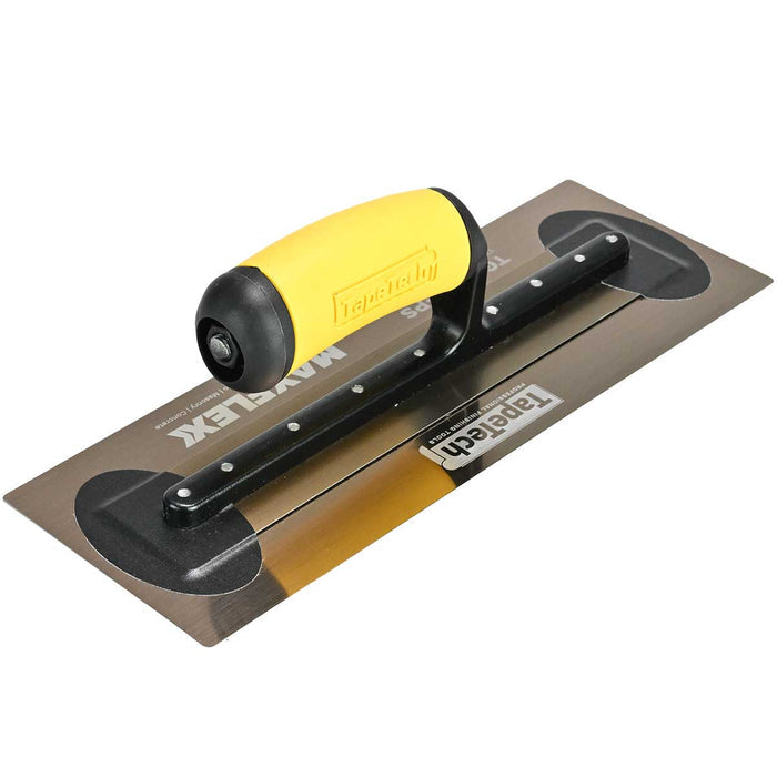 12-inch TapeTech Gold Stainless Steel MAXFLEXX Finishing Trowel with flexible blade and yellow ergonomic handle, left side