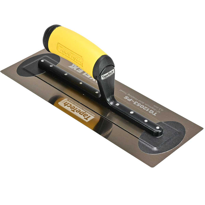 12-inch TapeTech Gold Stainless Steel MAXFLEXX Finishing Trowel with flexible blade and yellow ergonomic handle, left side