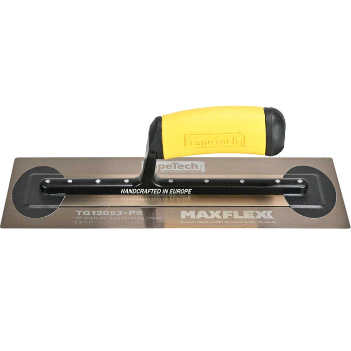 12-inch TapeTech Gold Stainless Steel MAXFLEXX Finishing Trowel with flexible blade and yellow ergonomic handle, side view