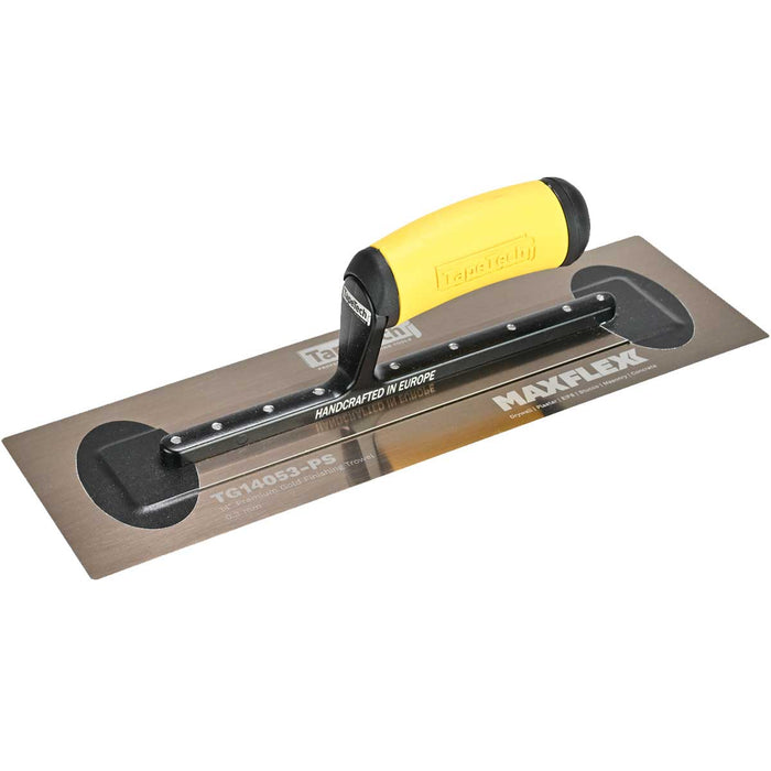 16-inch TapeTech Gold Stainless Steel MAXFLEXX Finishing Trowel with flexible blade and yellow ergonomic handle